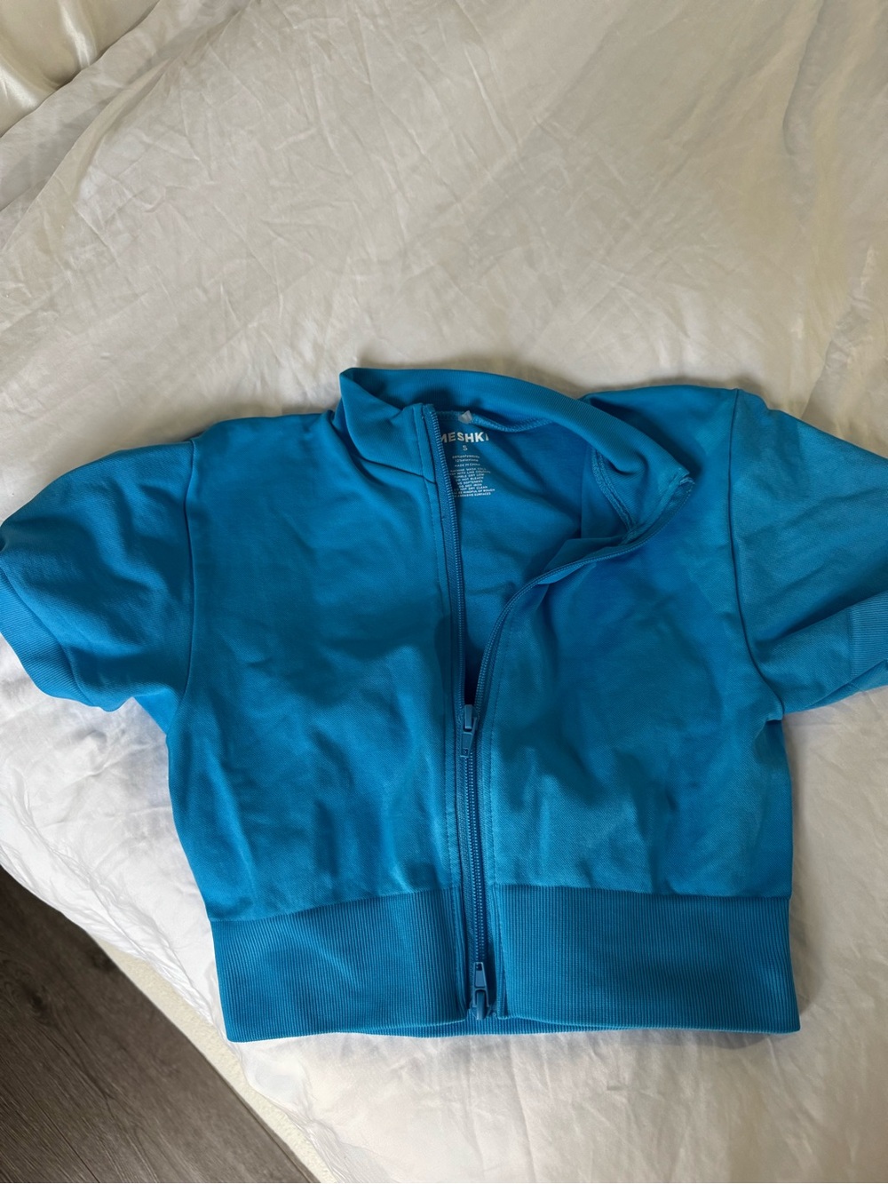 Meshki Teal Blue Short Zip-Up Crop Jacket